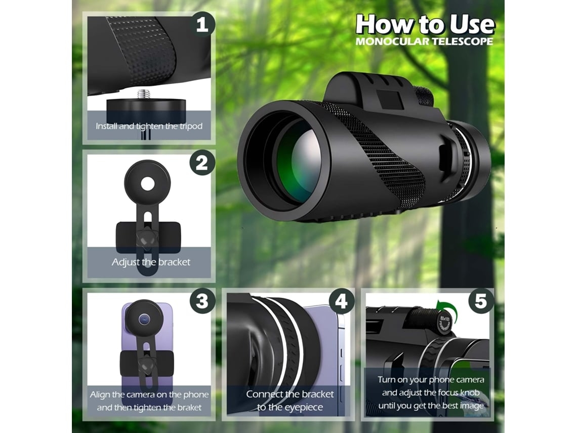 Telescopio monocular portátil con adaptador para teléfono inteligente, trípode monocular para observación de aves, caza, senderismo, acampada, Gusshious