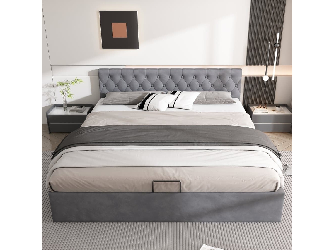 Cama Tapizada 180x200 Cm - Cabecero Capitoné, Cama Doble, Cama Hidráulica Con Almacenamiento, Somier, Gris