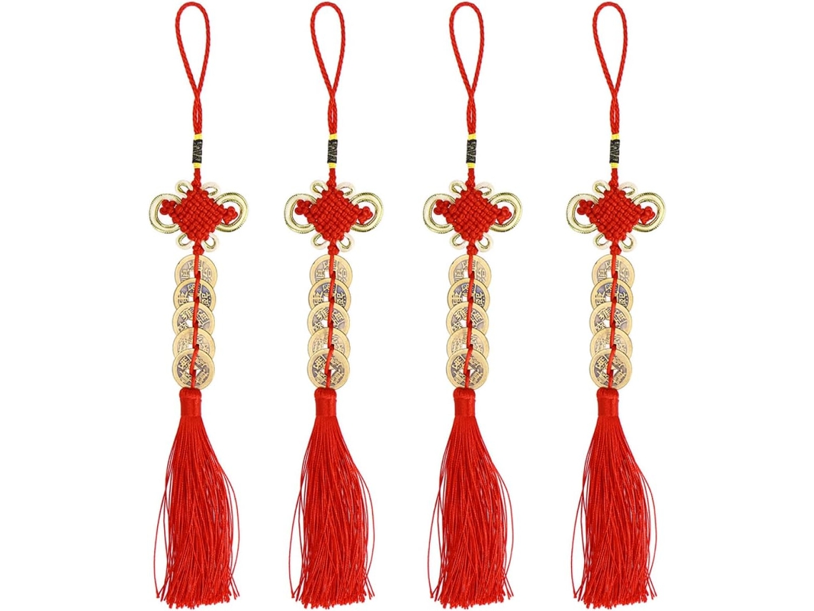 Decoración Nuevo Chino 4 Pompones Chinos Cobre 5 Monedas Imitación Rojas Coche Fiesta Varios Estilos Año Feng