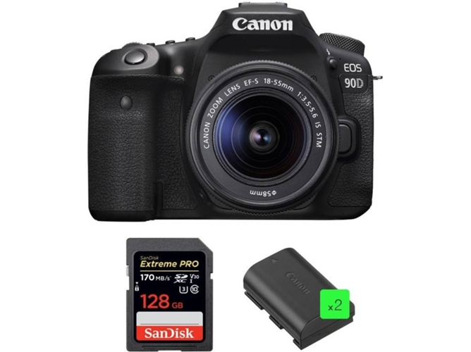 Kit Cámara Réflex CANON EOS 90D + 18-55mm IS STM + SanDisk 128GB + 2 LP-E6N
