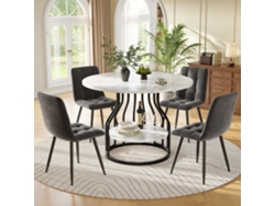 Conjunto De Comedor Redondo De 5 Piezas 80 Cm Con Tablero Mdf Marmoleado, Patas Negras Y 4 Sillas De Terciopelo Gris