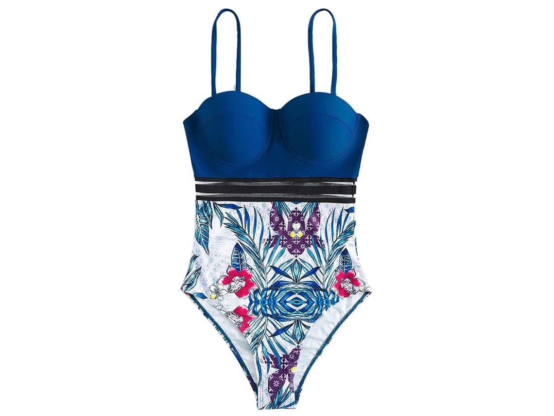 Traje de baño azul estampado para mujer, talla M, con efecto moldeador.