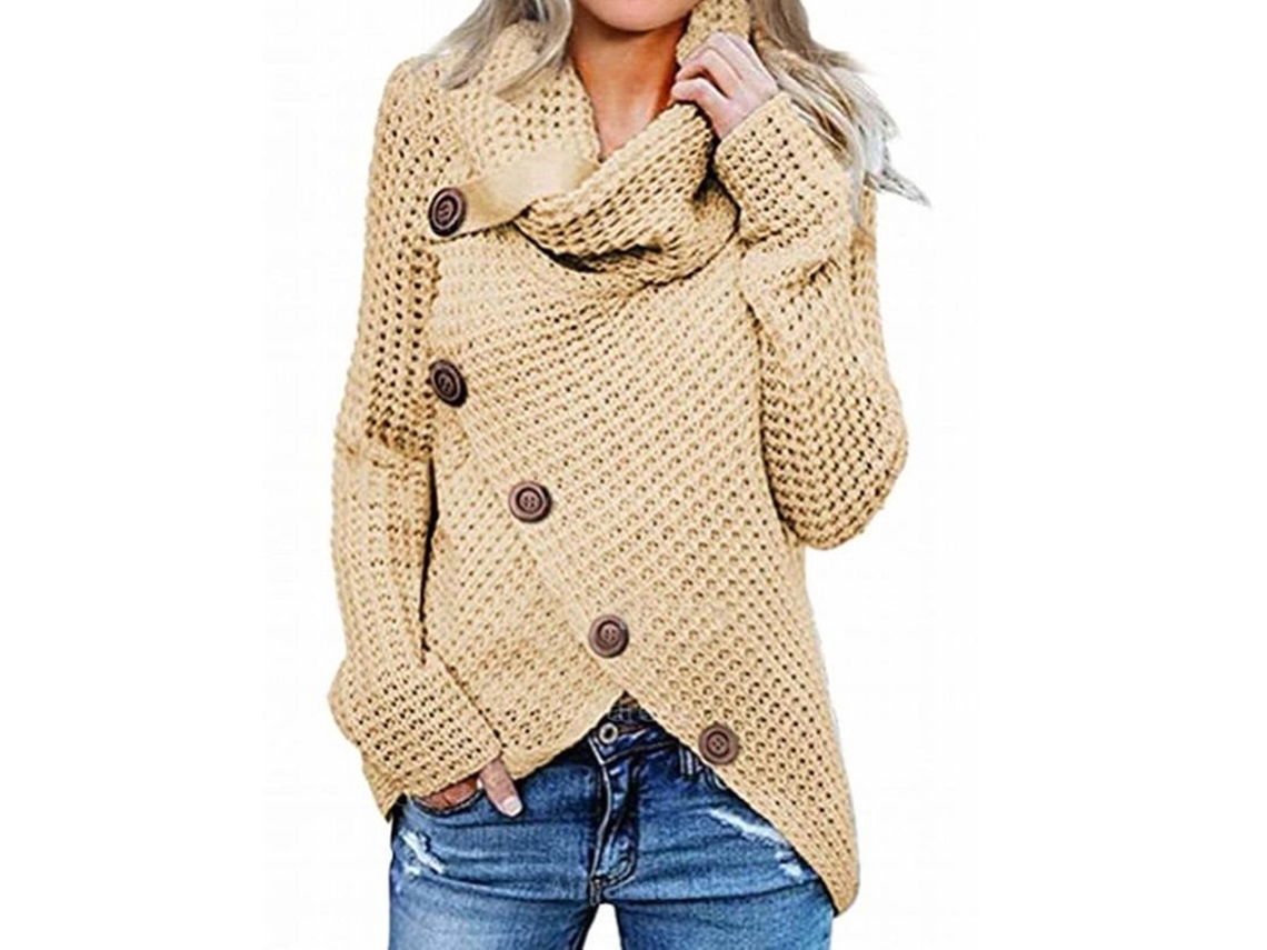 2026-jersey Abrigo De Mujer De Cuello Alto Liso Con Cuello Voladizo, Borde Asimétrico Y Botones De Deco