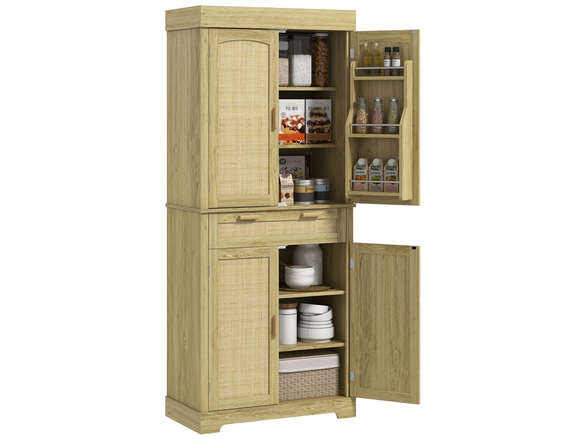 Aparador de cocina estilo bohemio con 2 armarios, cajón y especiero en madera y ratán, 76x40x183cm, roble. ZENCORE SERVICES