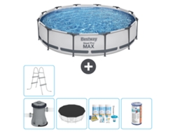 Piscina BESTWAY Round Steel Pro MAX - 366 x 76 cm - Gris - Bomba incluida Cubrir - Paquete de mantenimiento - Filtrar - Escalera