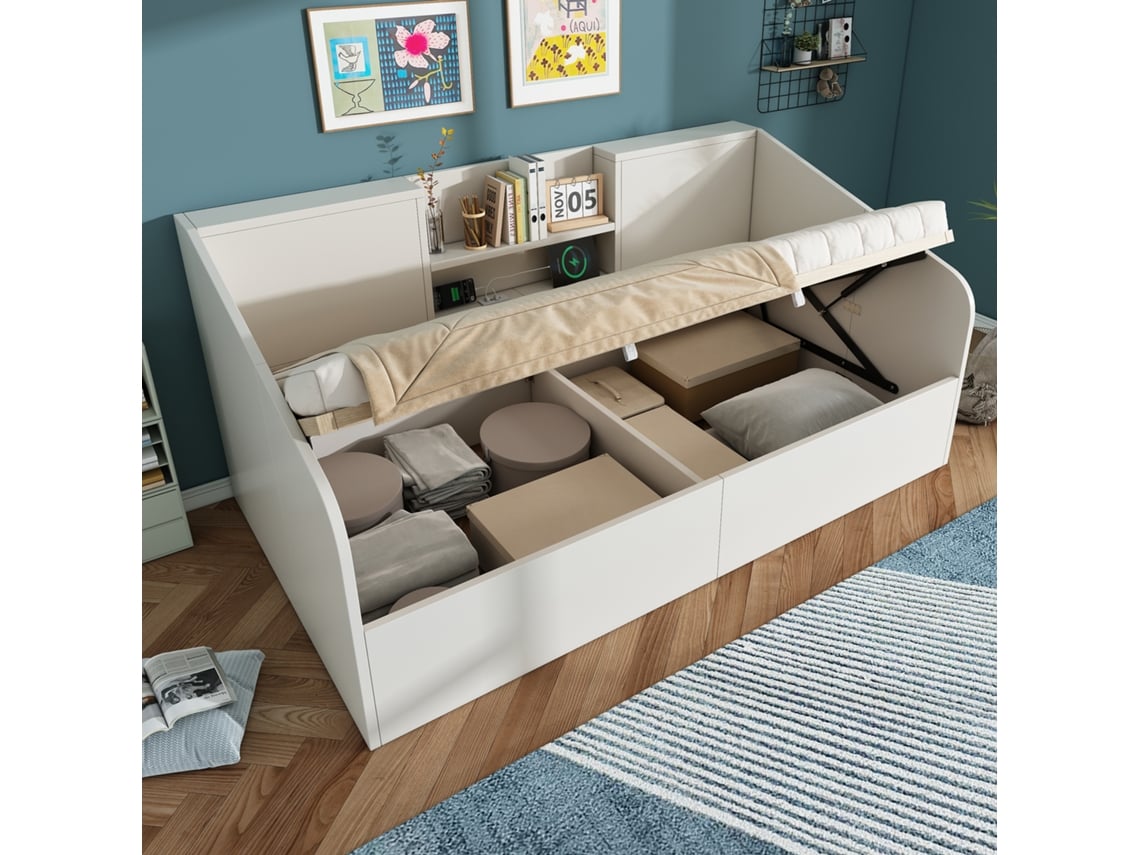 Sofá Cama Hidráulico Blanco De 90x200 Cm Con Estantes, Almacenamiento Usb C Y Somier De Láminas.