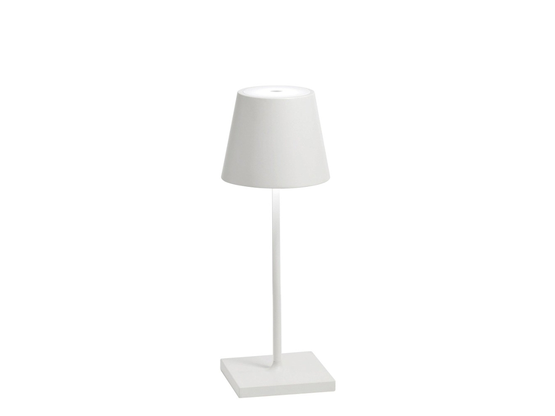 Lámpara de mesa LED blanca Zafferano Poldina Pro Mini, recargable y ajustable, con batería que dura hasta 12 horas.