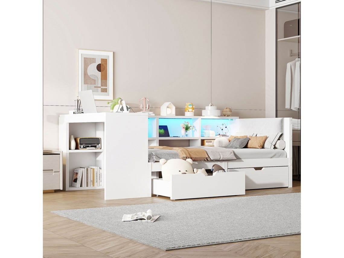 Cama Con Plataforma De 90x200, De Madera, Con Estantes, Cajones, Iluminación Led Y Cabecero Blanco.