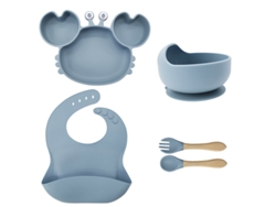 5 Juegos De Cubiertos De Silicona Azul Claro Para Bebé: Plato, Tazón, Delantal Y Utensilios Con Estampado De Cangrejo, No Son Pegatinas.