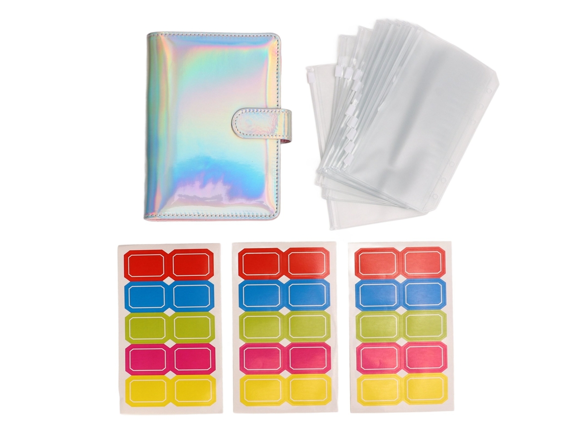 Carpeta de presupuesto A6 de piel sintética con 6 agujeros y bolsillos con cremallera para ahorrar dinero, color plateado