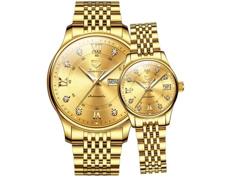 VEANXIN Juego de reloj mecánico automático con diamantes para pareja, regalo de boda romántico(oro)