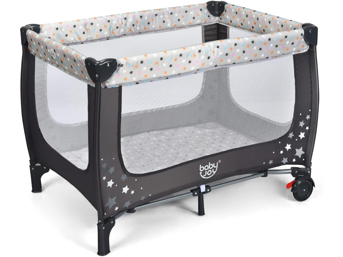 Cuna Multifuncional para Niños/Parque Portátil Plegable para Niños con 2 Ruedas(Gris) COSTWAY