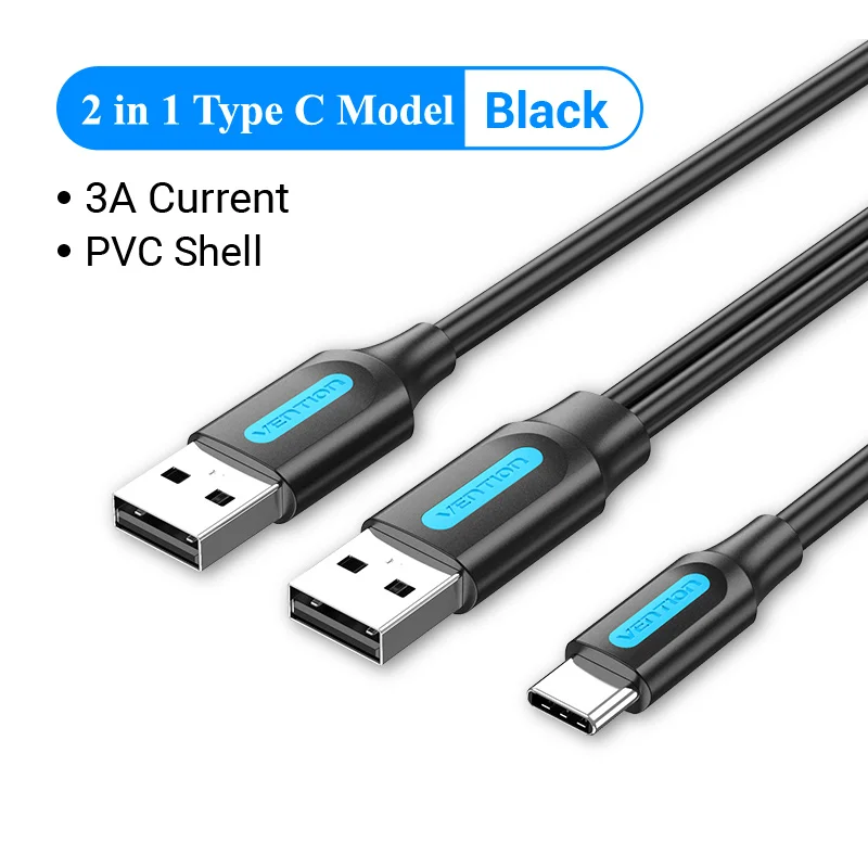 Cable USB-C doble de 3 A, carga rápida con fuente de alimentación, para Samsung Note 3/S5, HD, Xiaomi, 2 en 1, negro