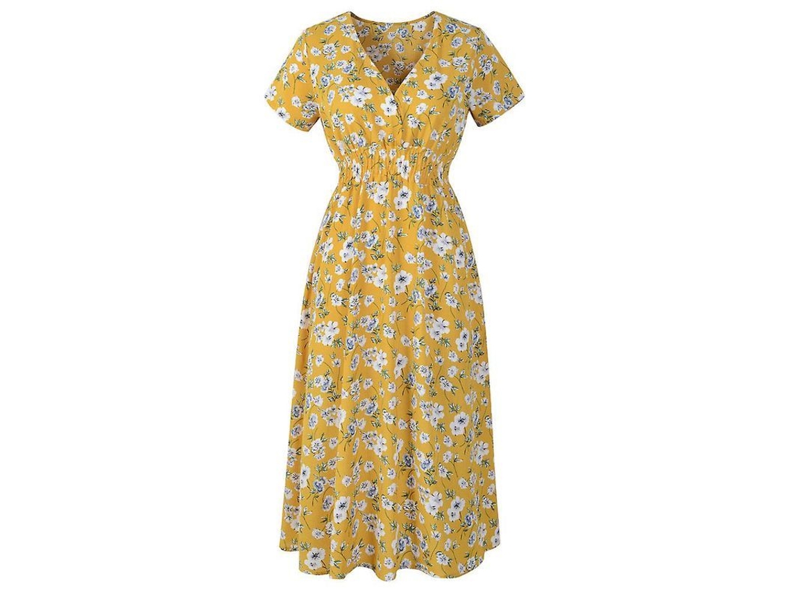 Vestido midi de gasa estilo bohemio para verano 2026 con estampado floral y lunares cuadrados, escote en V, mangas cortas, cintura alta, ropa de playa.