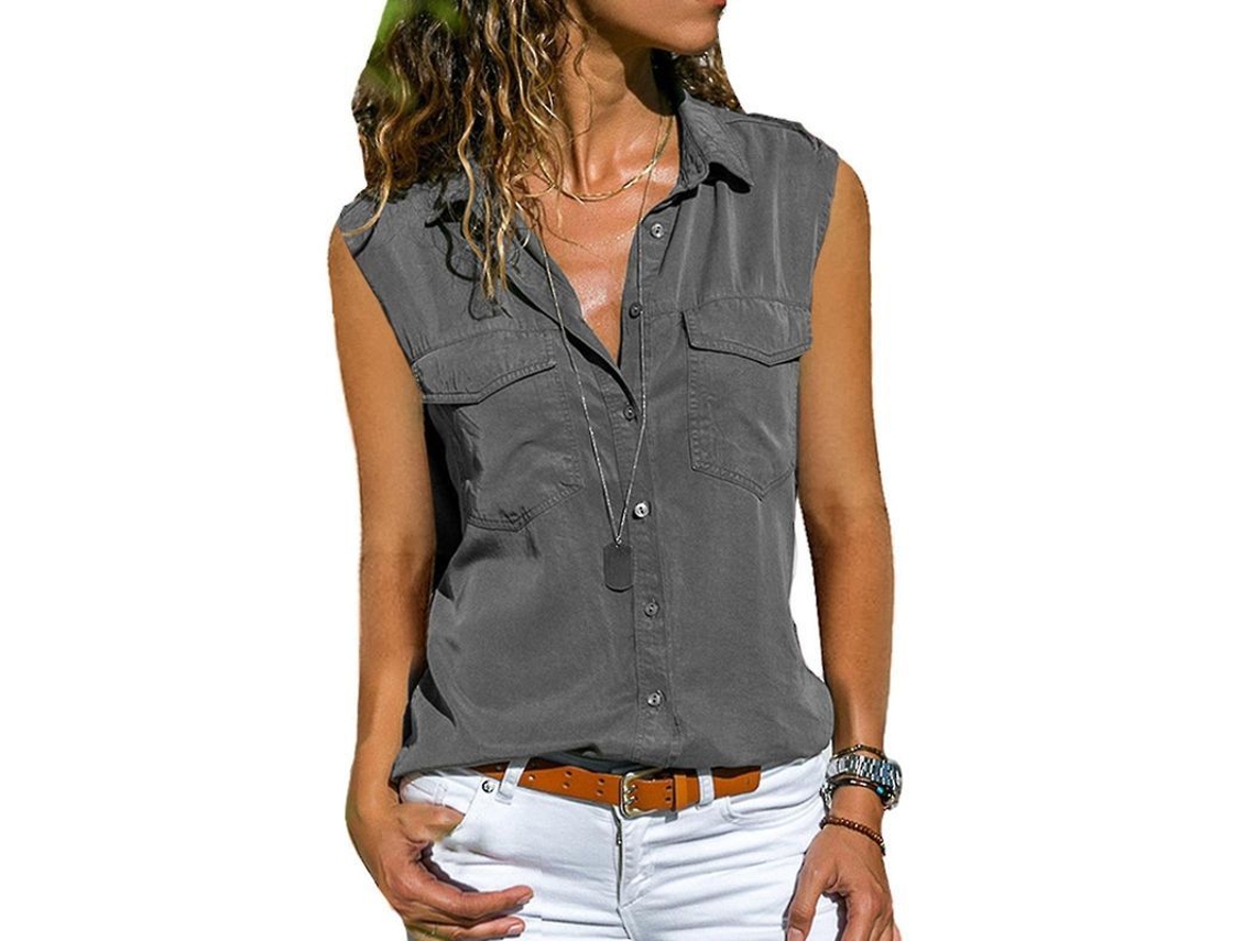2026-chaleco Sin Mangas De Botones Para Mujer Con Bolsillos Color Sólido Verano Blusa Camisa