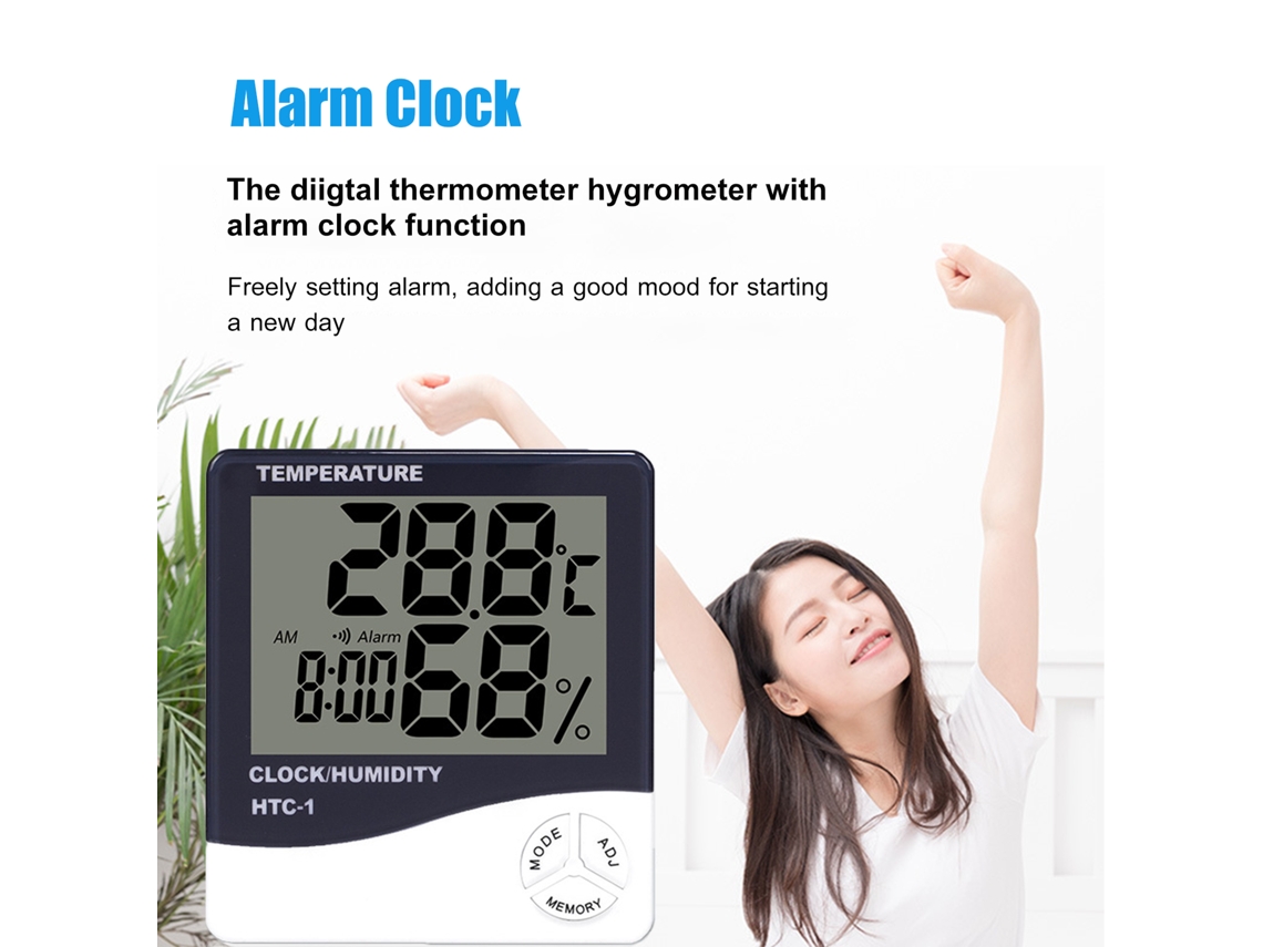 Termómetro Higrómetro Digital Htc-1 Con Alarma, Calendario Y Memoria De Valores Máximos Y Mínimos Para El Hogar Y La Oficina.