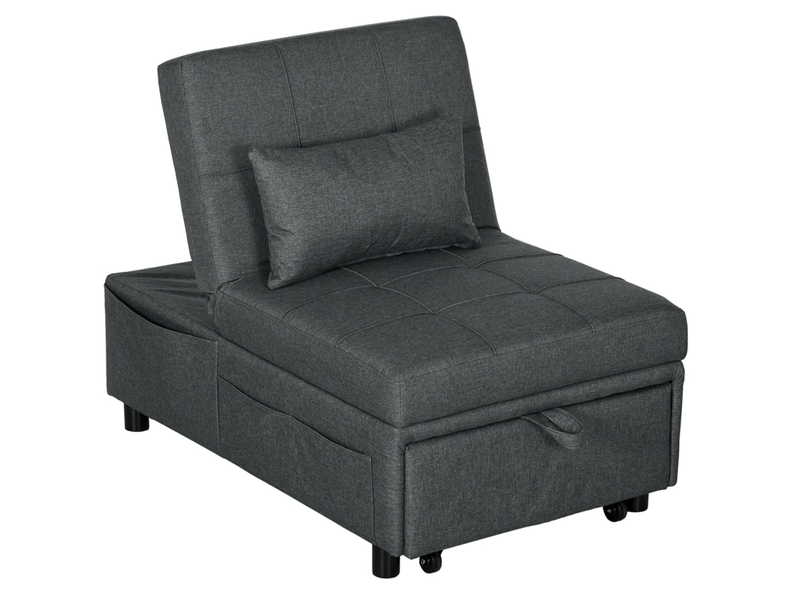 Sillón cama individual con respaldo ajustable, asiento tapizado y almohada, color gris.