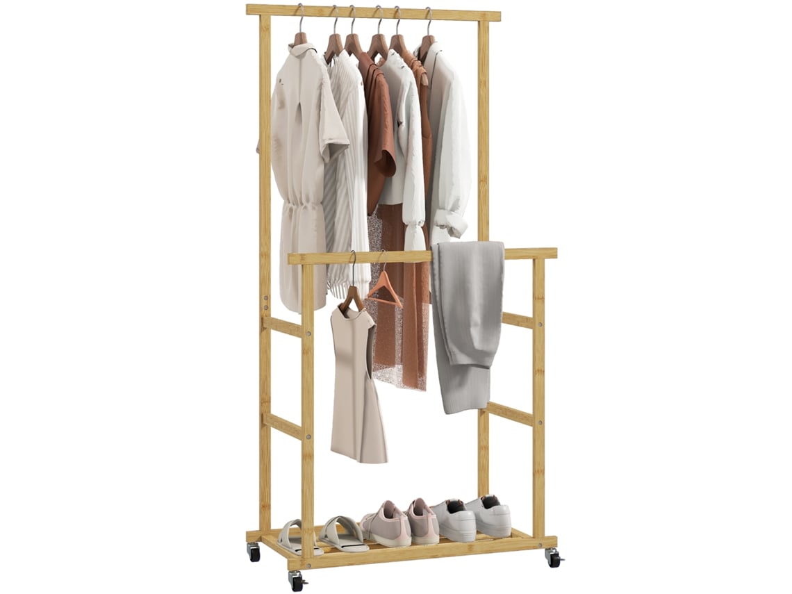 Perchero De Bambú Con Ruedas, Zapatero, 2 Barras, Bandeja Para Ropa, Acabado Natural, 80x40x160 Cm