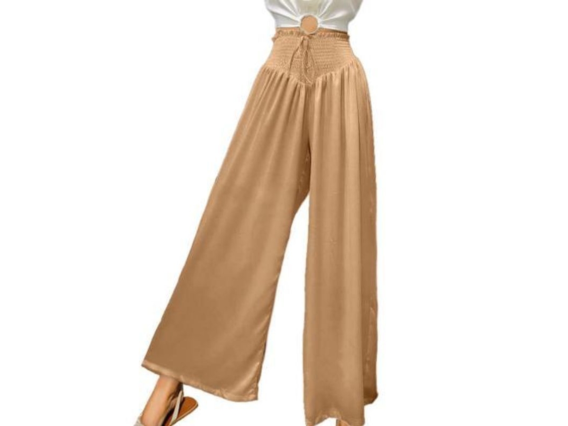 Pantalones Rebe-Casual de verano con cintura alta, bolsillos y tejido de poliéster fluido en color caqui.