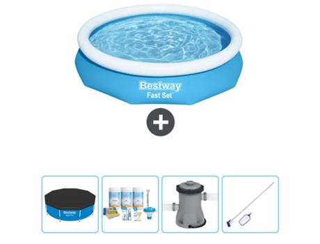 Piscina Hinchable Redonda Fast Set BESTWAY - 305 x 66 cm - Azul - Incluida Cubrir - Paquete de mantenimiento - Bomba - kit de limpieza