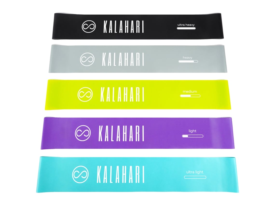 Kalahari Fitness Juego de Bandas Elásticas con Libro Elástico de Ejercicios y Bolsa - 5 Bandas Elásticas de Culturismo con Diferentes Niveles de Resistencia