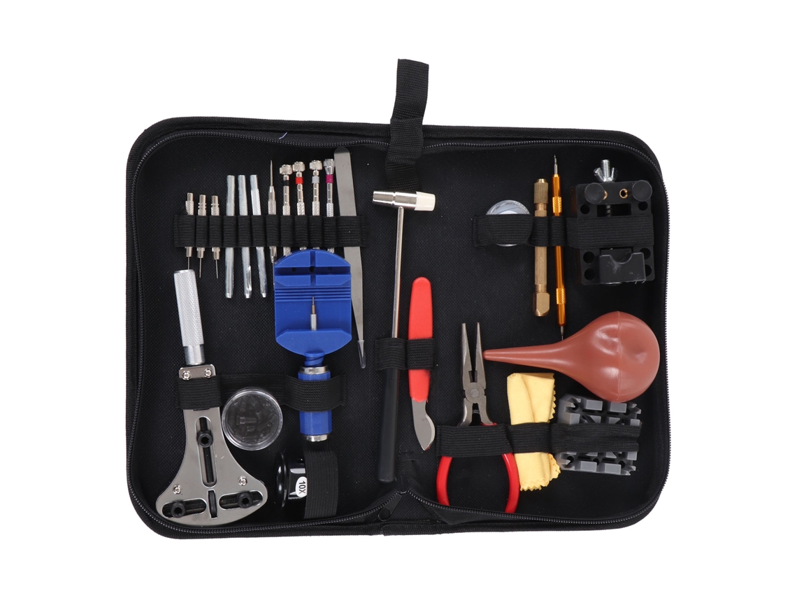 Kit de reparación de relojes con herramientas para cambiar pilas, quitar eslabones y abrir tapas.