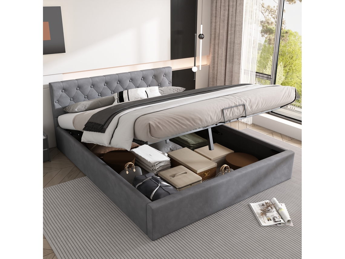 Cama De Terciopelo De 140x200 Cm, Capitoné, Gris, Hidráulica