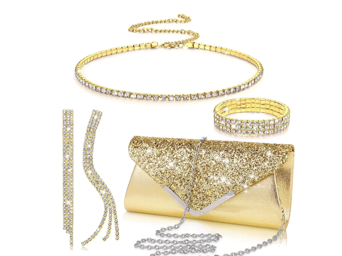 Conjunto de 4 piezas para mujer con bolso de noche con diamantes de imitación, pendientes, collar y pulsera brillante (dorado) Eifson