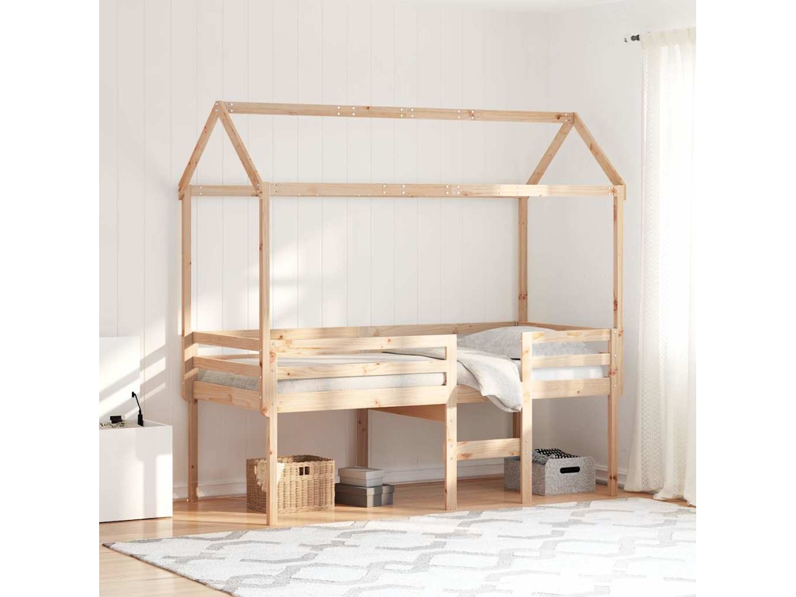 Cama Alta Con Techo Madera Maciza De Pino 80x200 Cm