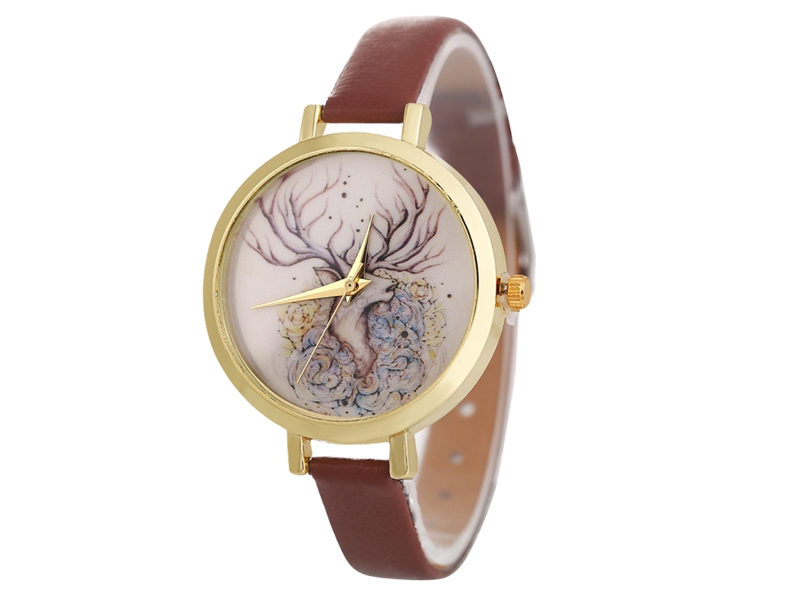 Reloj De Pulsera Para Mujer Zhoulianfa Zlf0485-c Con Estampado De Ciervo Y Correa De Pu Marrón.