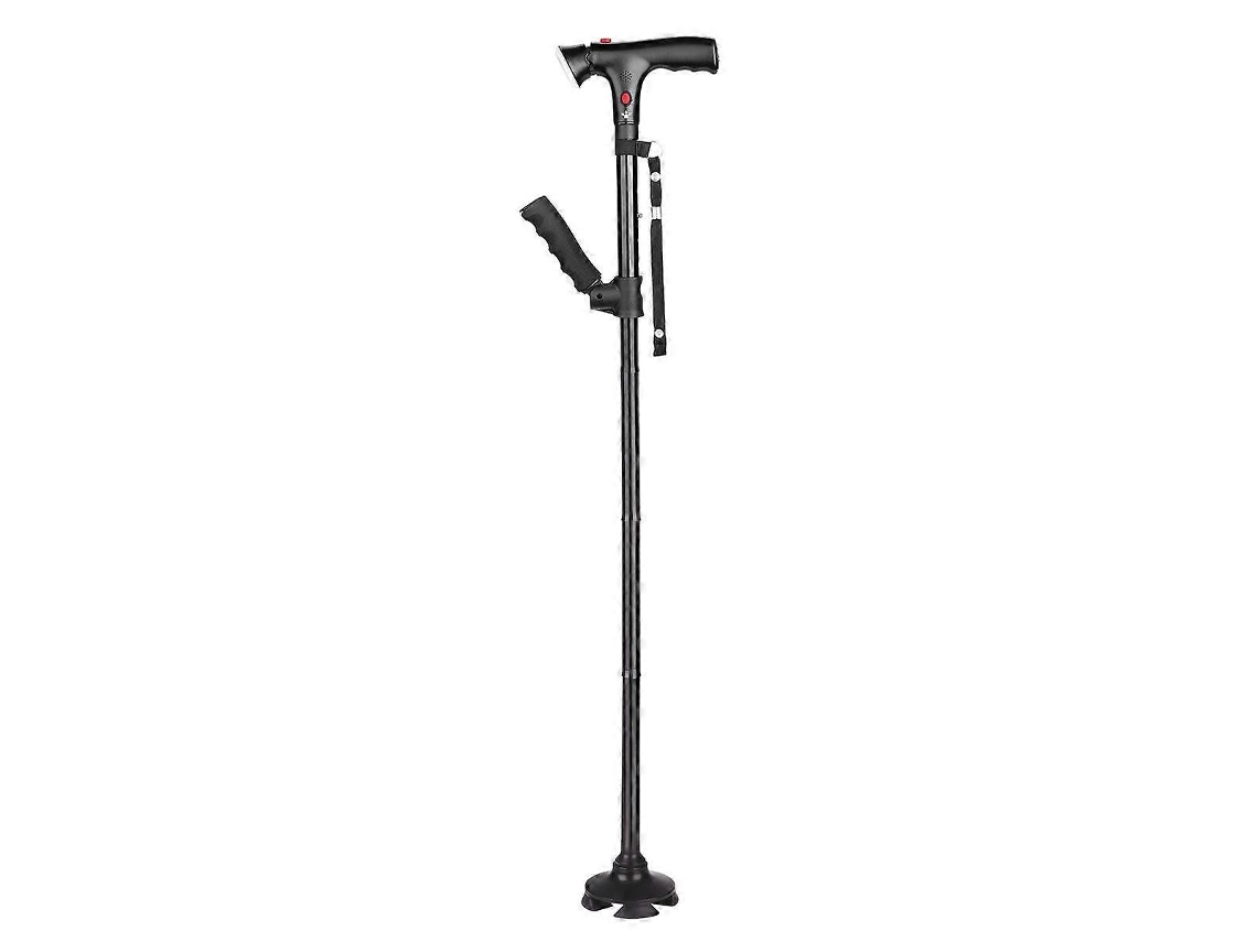Bastón telescópico plegable con luz LED y alarma, ideal para personas mayores.