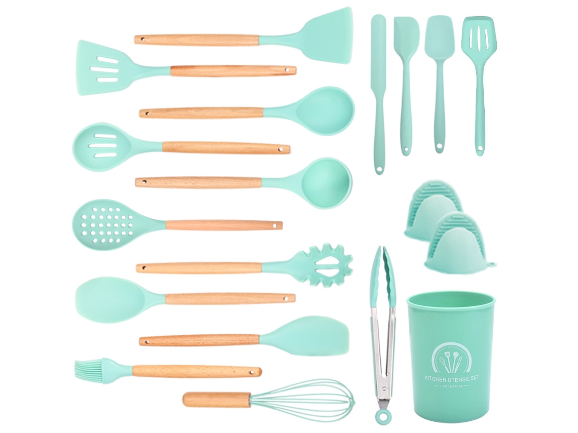 Conjunto de Utensílios de Cozinha 19 Peças Conjunto de Panelas Resistentes Ao Calor de Silicone com Cabo de Madeira-Verde GERTIZ