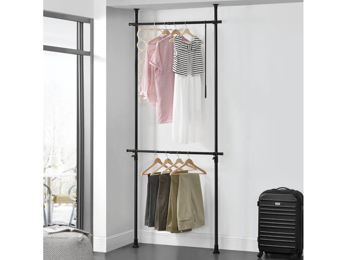 Perchero burro ropa telescópico Kemi 105-278 x 75 - 115 cm Ajustable 2 x ganchos máx. 20 kg Acero Plástico - Negro [EN.CASA]
