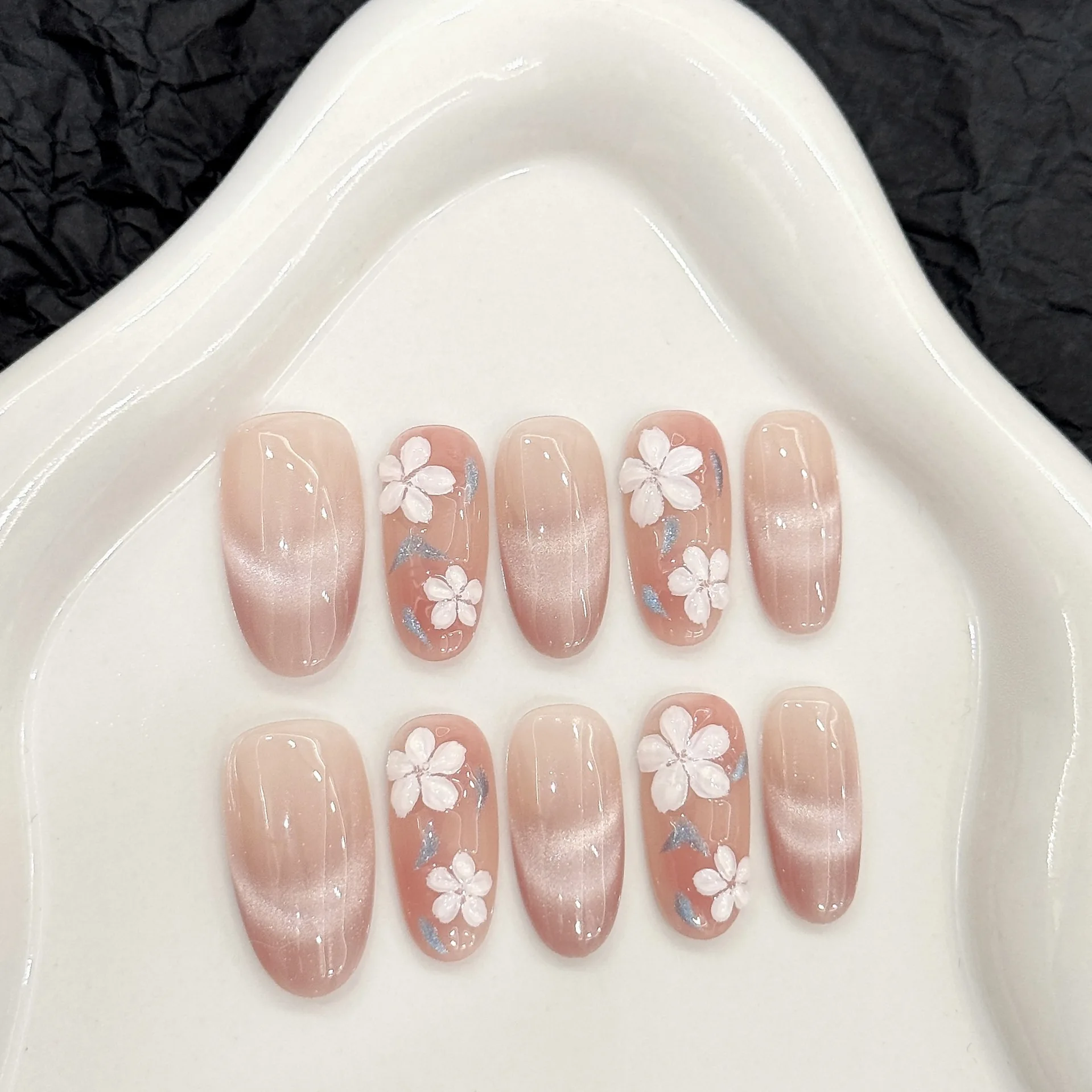 (1517-s) Uñas Postizas Hechas A Mano Estilo Ojo De Gato, 10 Piezas, Ovaladas, De Longitud Media