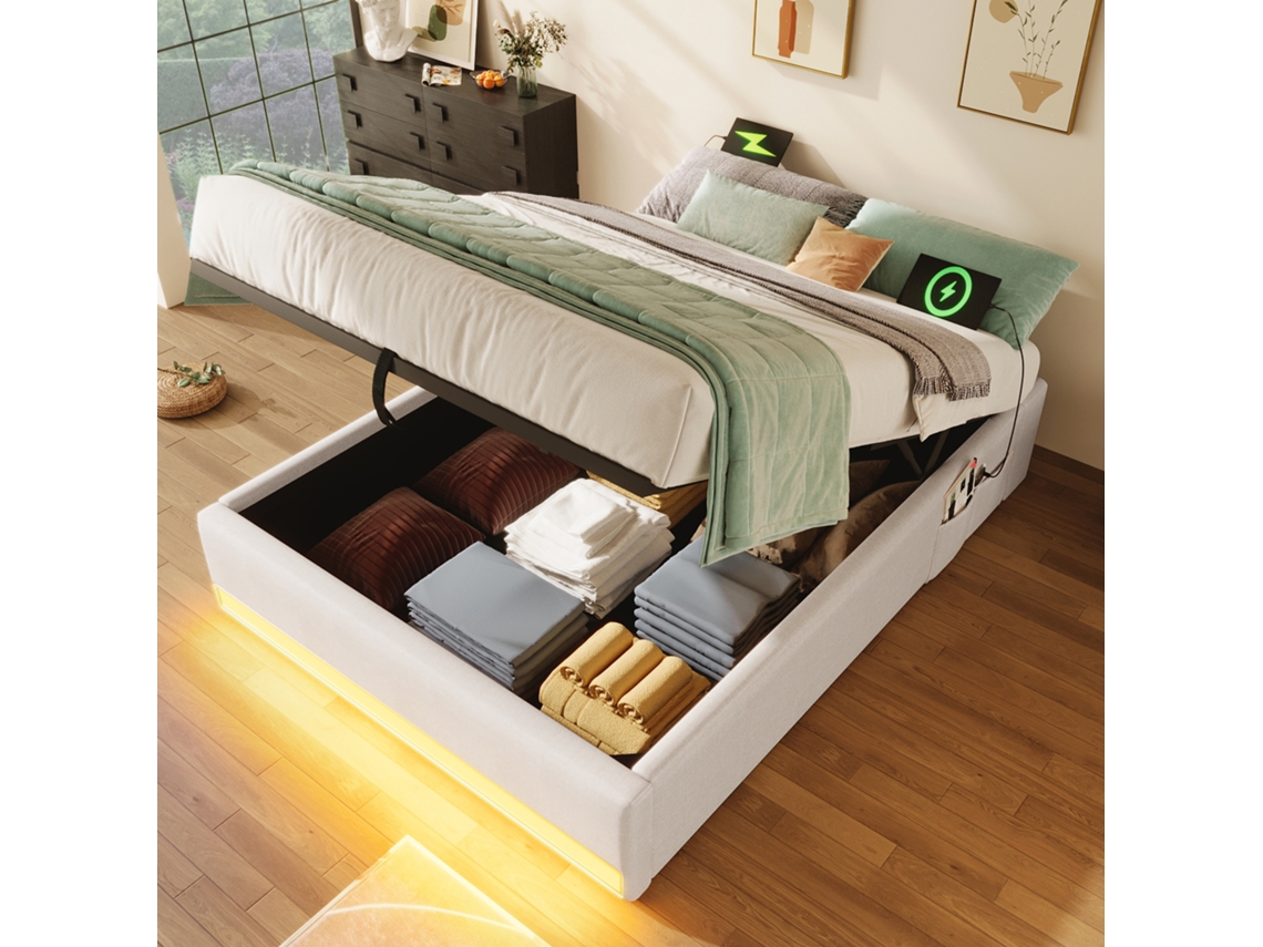 Cama Hidráulica De 90x200 Con Iluminación Led Y Usb-c, Sin Cabecero, Color Beige.