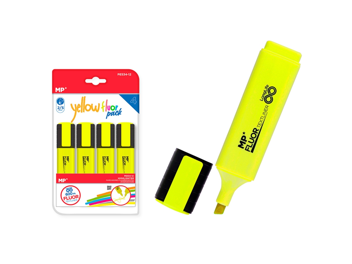 Pack de 4 marcadores fluorescentes amarillos. Dam