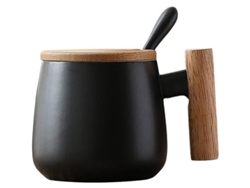 Taza de cerámica Rebe para café y té con tapa y cuchara, ideal para bebidas con leche (negra).