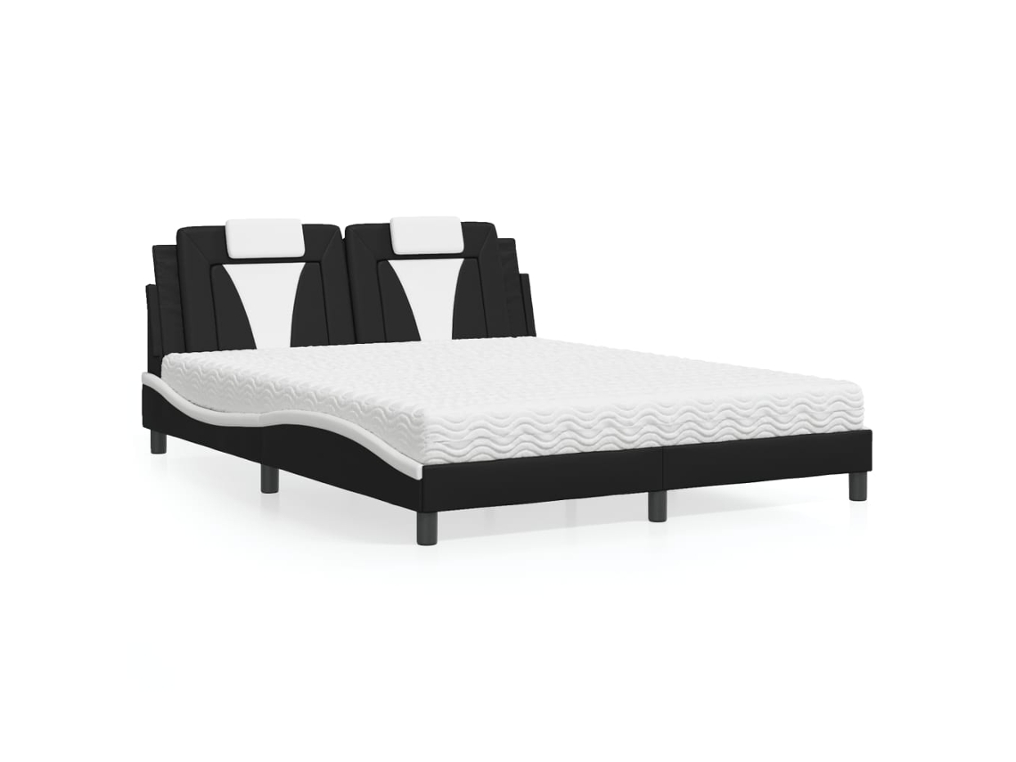 Cama Con Colchón Cuero Sintético Negro Y Blanco 160x200 Cm