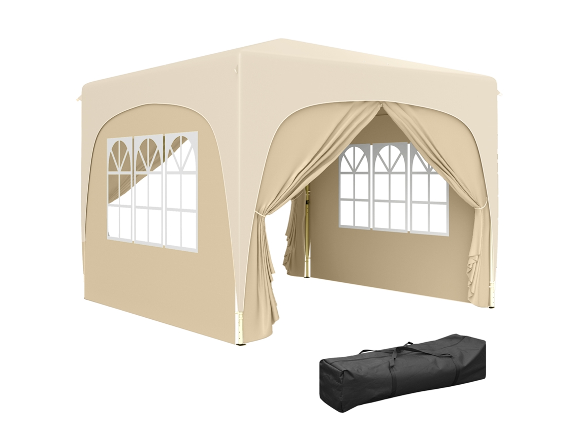 Cenador plegable de 3x3 m con paneles laterales, protección UPF50 y altura ajustable, color arena.