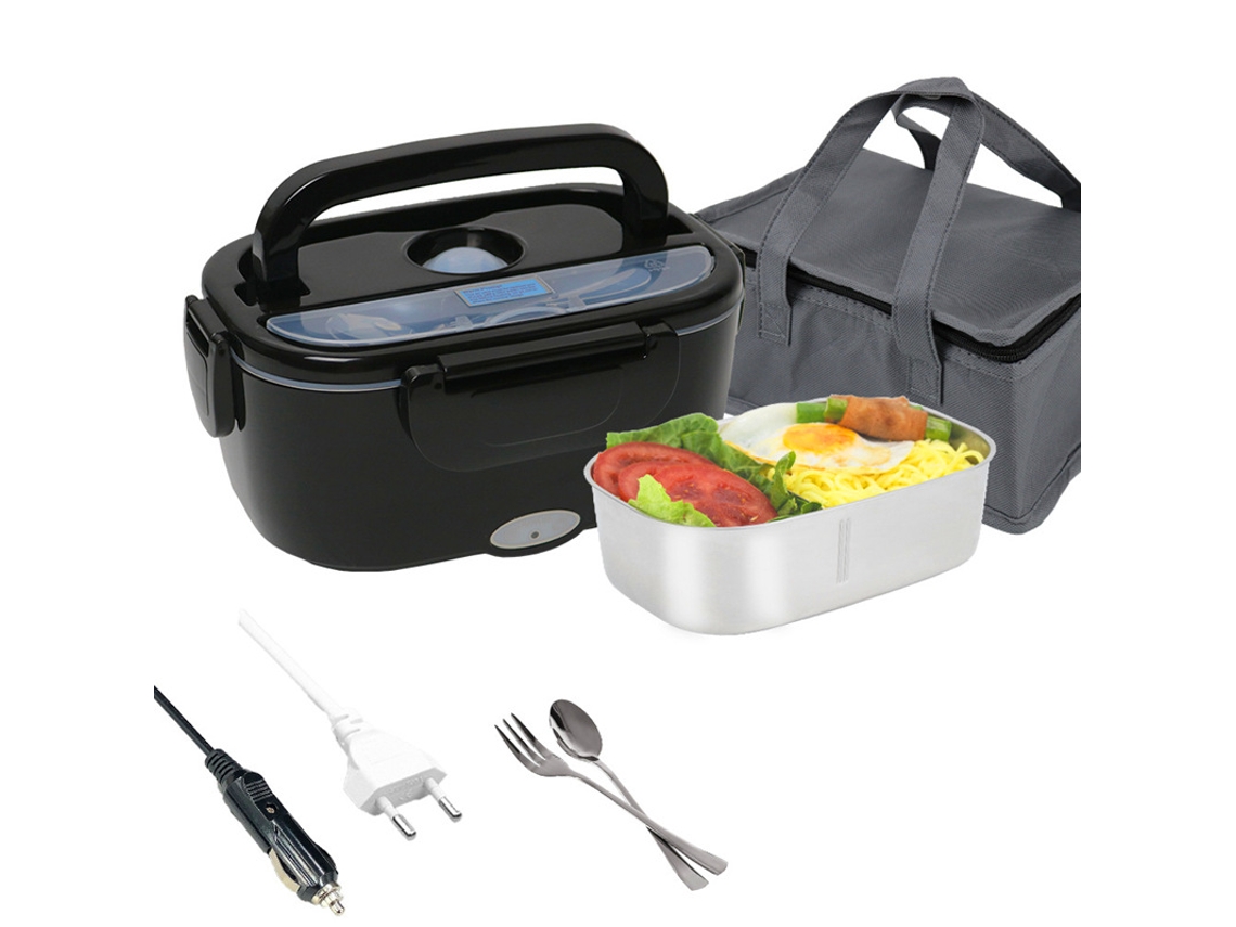 Lancheira Elétrica Doméstica 220V Carro 12V 24V 1.5L 304 Aço Inoxidável com Colher e Garfo+ Bolsa Isolante-Preto GERTIZ