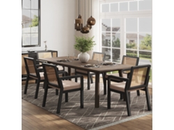 Silla de comedor ergonómica de terciopelo, respaldo de ratán, patas de madera de caucho negro Mobrio (6 unidades)