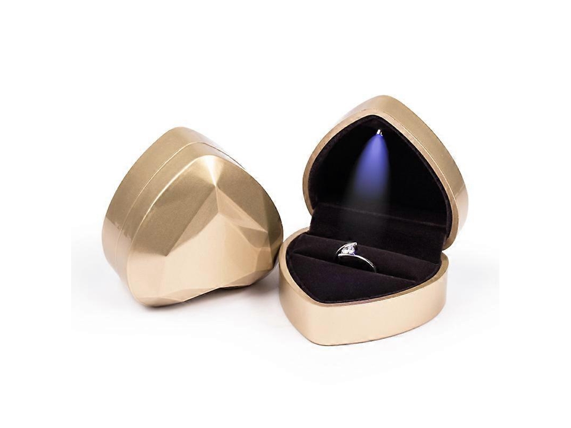 Caja De Anillos Con Forma De Corazón, Veludo Interior Y Luz Led Azul Para Propuesta Y Compromiso Negro Oro