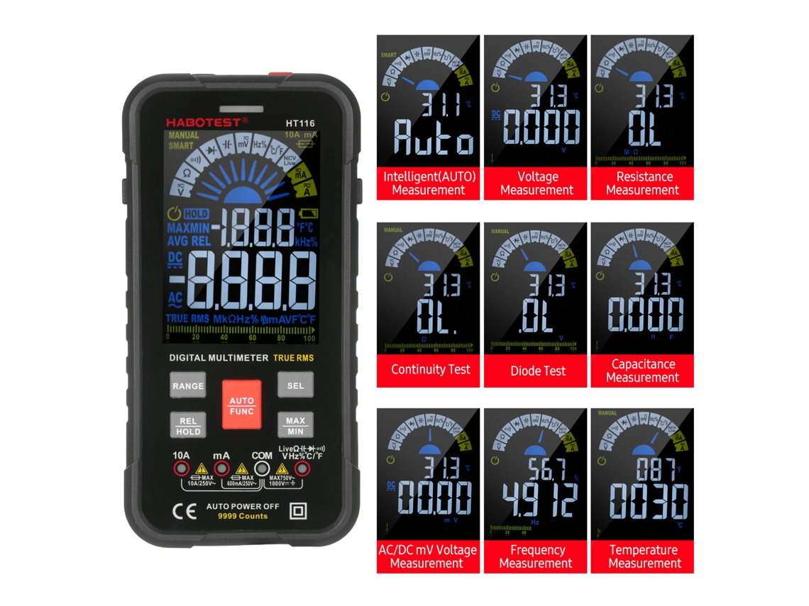 Multímetro digital Habotest HT116 con verdadero valor eficaz y 9999 cuentas | Sin marca