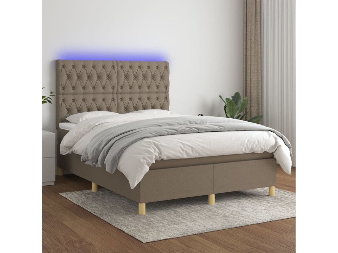 Cama Box Spring Colchón Y Luces Led Tela Gris Taupe 140x190 Cm