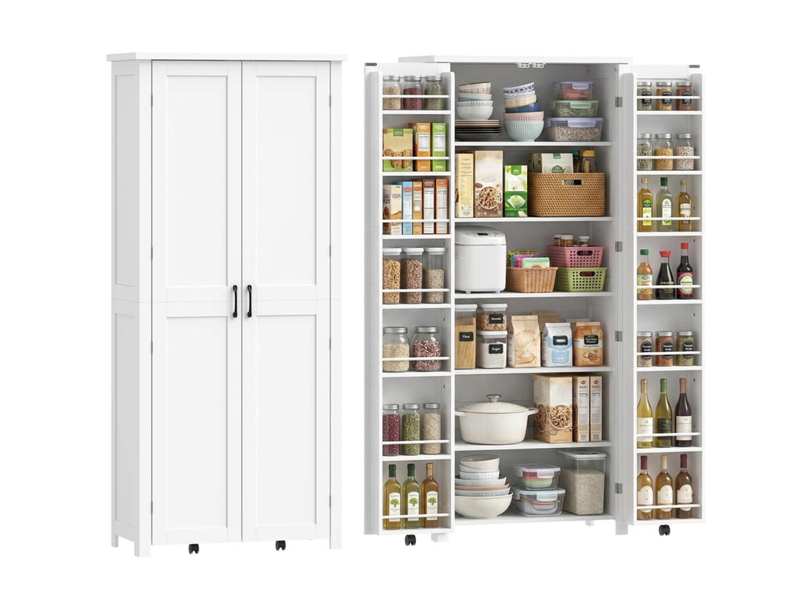 Mueble de cocina moderno ZENCORE SERVICES con ruedas, 2 puertas, 14 compartimentos, color blanco.