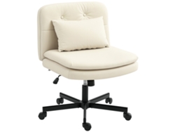 Silla de oficina beige, de piel sintética, sin brazos, con ruedas ajustables.