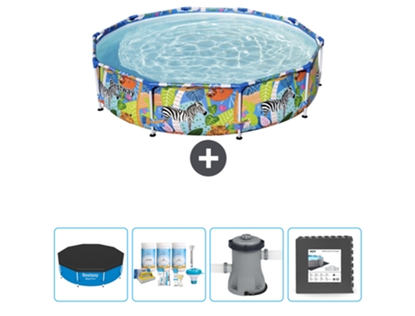 Piscina BESTWAY Round Steel Pro - 305 x 66 cm - Estampado Selva - Incluida Cubrir - Paquete de mantenimiento - Bomba - Baldosas