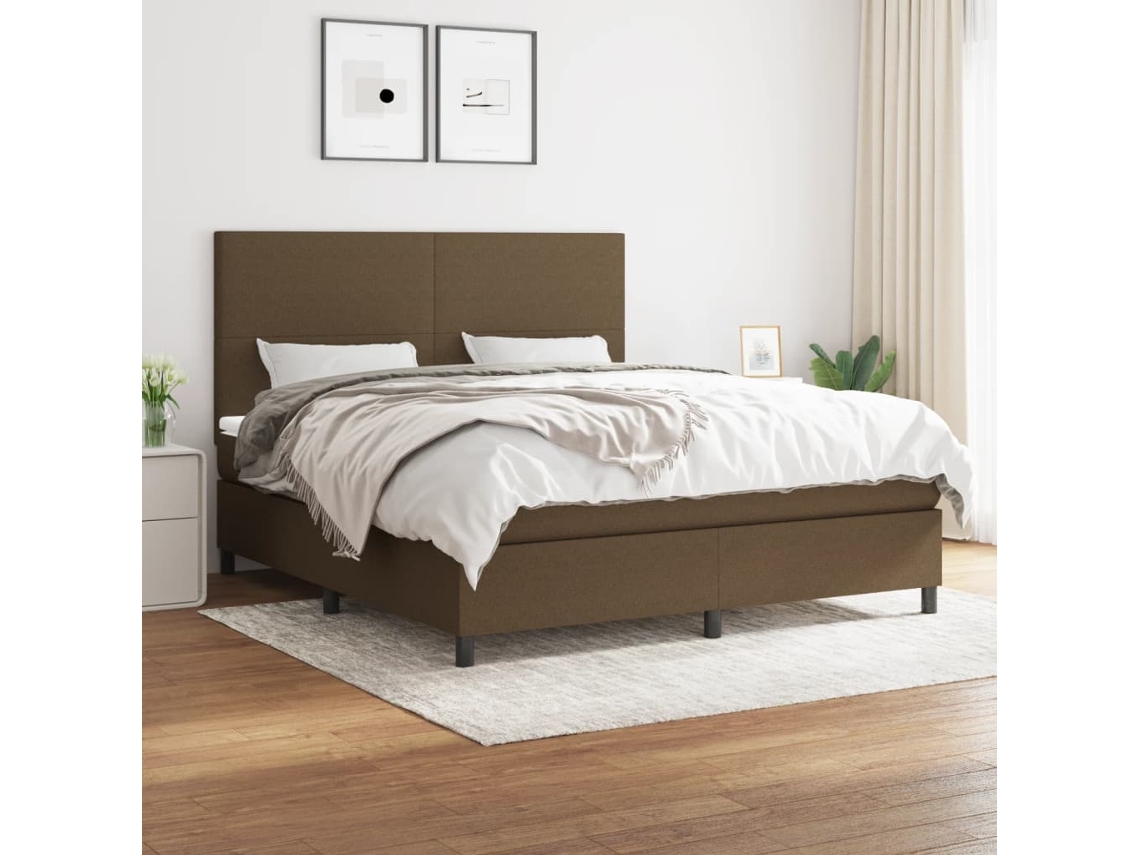 Cama Box Spring Con Colchón Tela Marrón Oscuro 160x200 Cm
