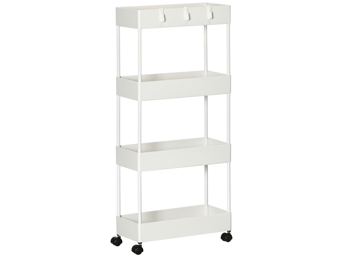 Carrito de cocina con 4 estantes y 4 ganchos, 40x19x90 cm, blanco