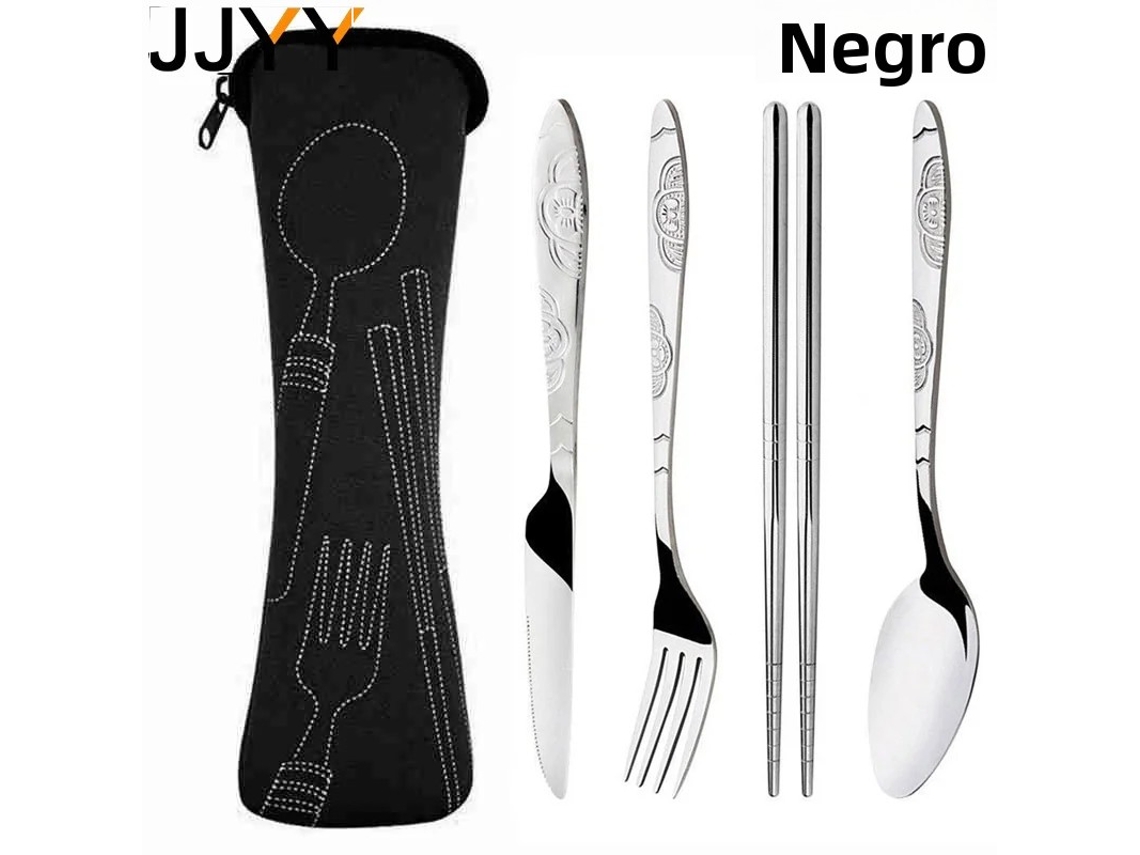 Juego de cubiertos portátiles de acero inoxidable con diseño en relieve y bolsa de viaje. MDUG (negro, 4 piezas)